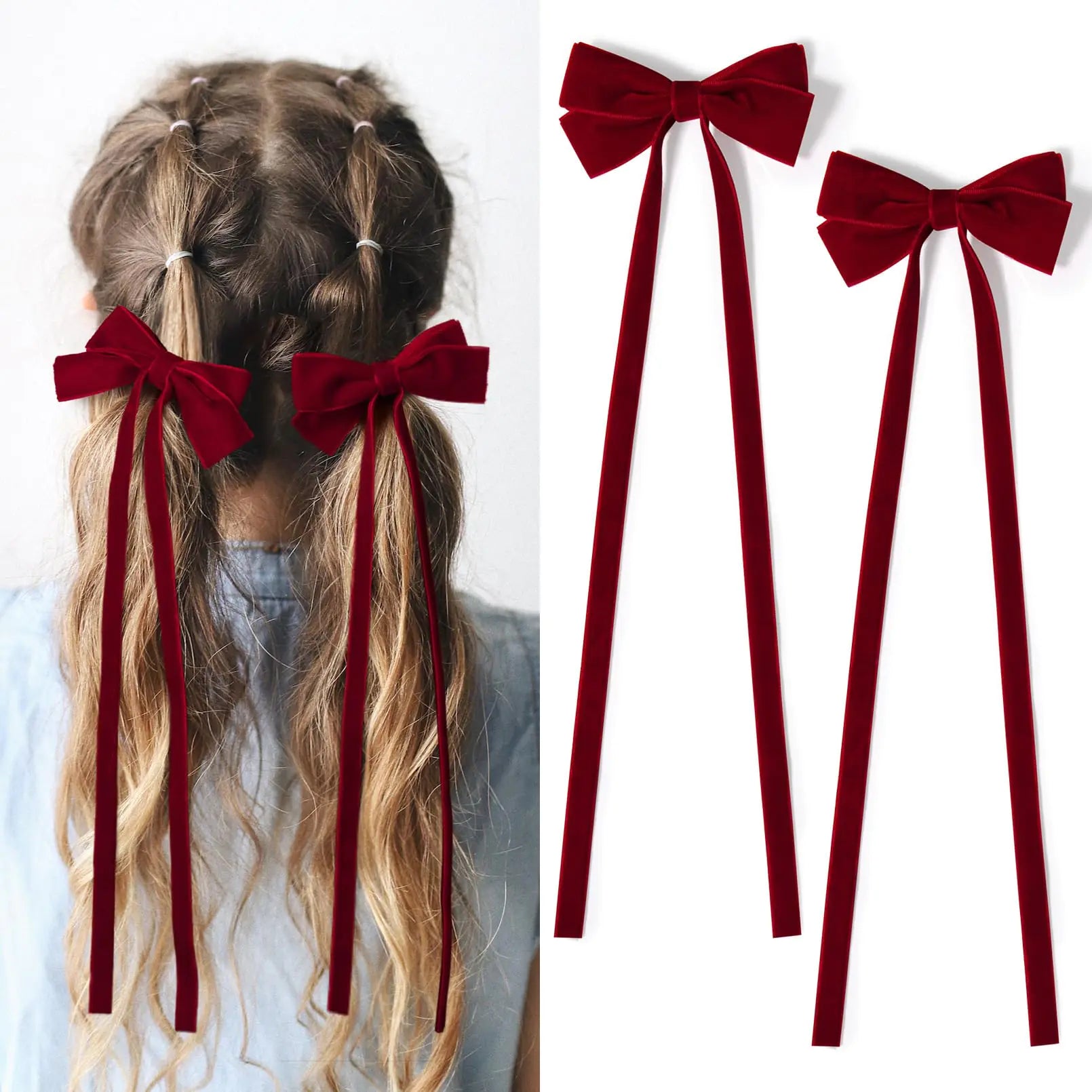 2PCS Velvet Hair Bows Ribbon Hair Clip Red Ponytail Holder Accessories Slides Metal Clips Hair Bow for Women Girls Toddlers Teens Kids