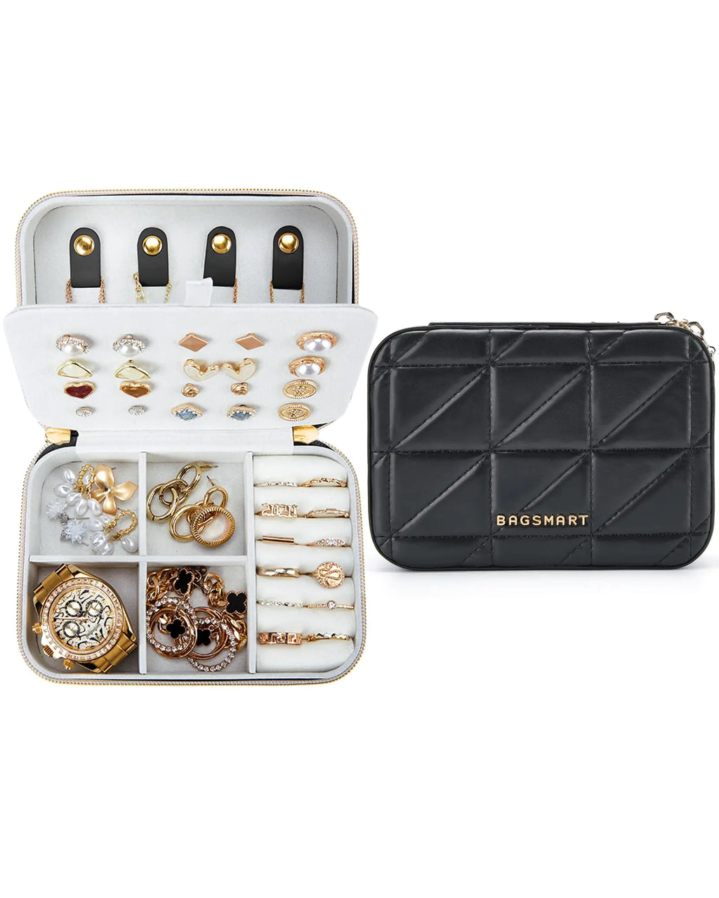 BAGSMART Travel Jewelry Box Small Jewelry Organizer PU Leather Travel Jewelry Case Portable Mini Necklace Ring Holder Storage Double Layer Jewelry Boxes for Women Earrings BraceletsBlack