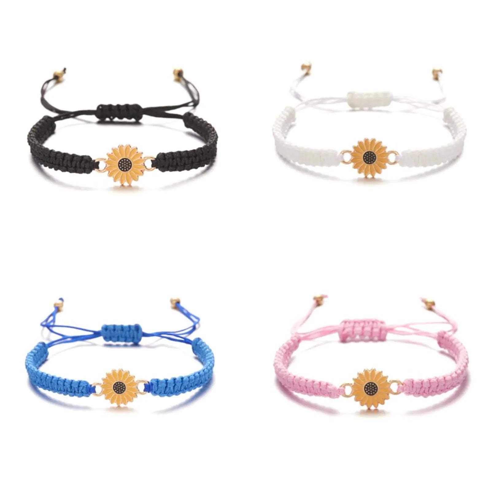 Kicomvi Sunflower Bracelets Adjustable Boho Sunflower Daisy Charm Bracelets Handmade Braided Rope Friendship Matching Bracelets Promise Bracelets for Couples Women Friends Summer Jewelry-4pcs B