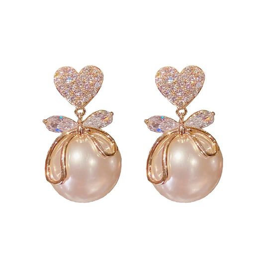 Pearl Bow Earrings for Women Rhinestone Bow Ribbon Earrings Red Ball Pearl Bow Stud Earrings Pearl Dangle Drop Earrings Christmas Gifts for Women