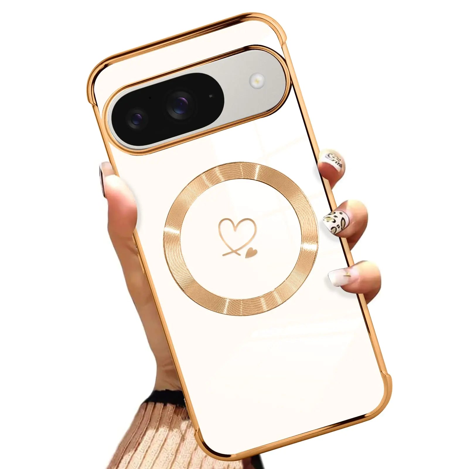 AIGOMARA Magnetic Case for Google Pixel 9/Google Pixel 9 Pro [Wireless Charging Compatible] Heart Design Soft TPU Electroplated Phone Cover Anti-Scratch Shockproof Case for Women - White