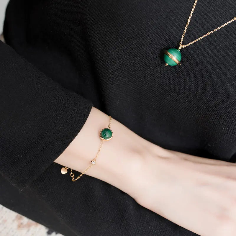 S925 Silver and 9K Gold Malachite Geometric Pendant Necklace