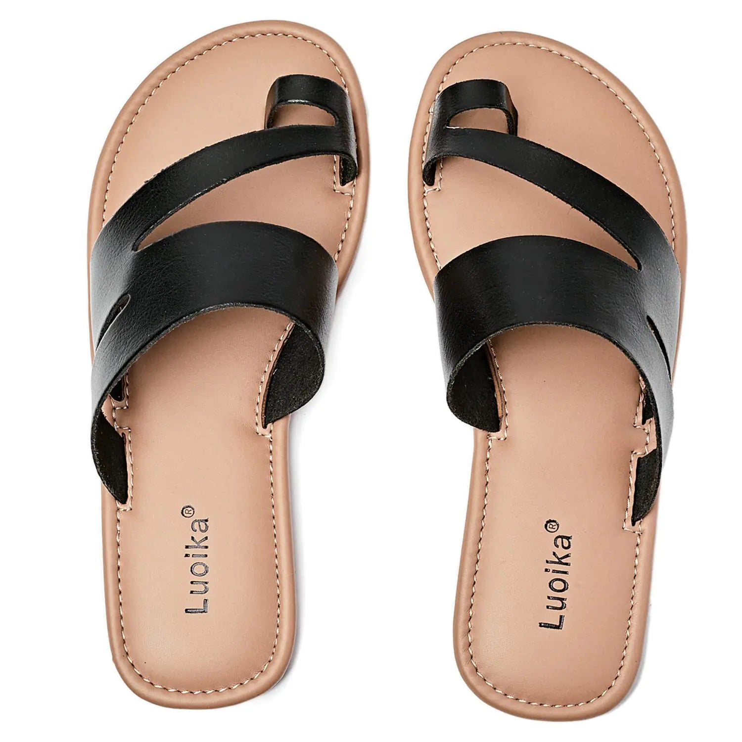 Luoika Womens Wide Width Flat Sandals Flip Flop Slides Sandal Casual Strapy Sandal Slip on Summer Beach Shoes for Women.703Black9XW