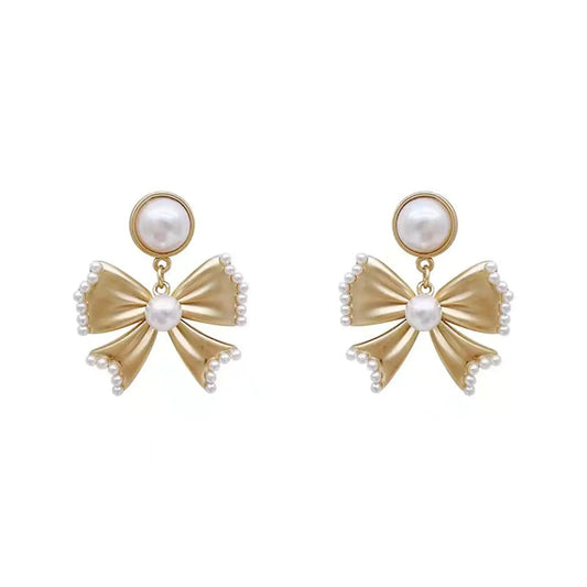 Pearl Bow Earrings for Women Cute Ribbon Earrings Gold Silver Bow Knot Earring Bow Stud Earrings Birthday Party Jewelry for Women