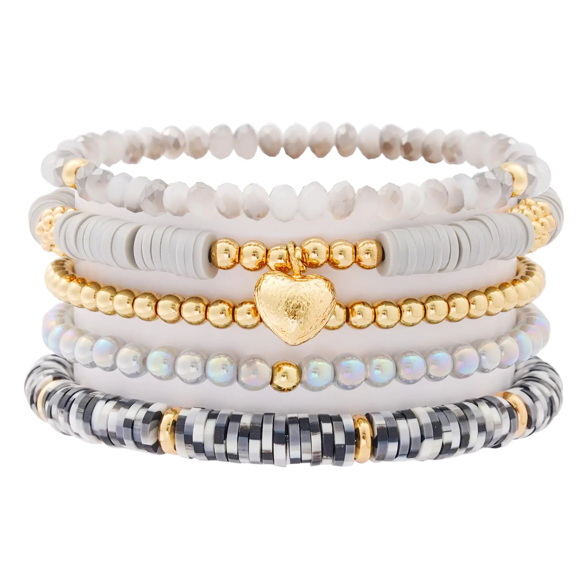 RISHEGAE Heishi Beaded Stretch Bracelets for Women Stackable Gold Polymer Clay Beads Bracelets Friendship Boho Summer Beach Bracelets Jewelry Set (E-Gray Heart)