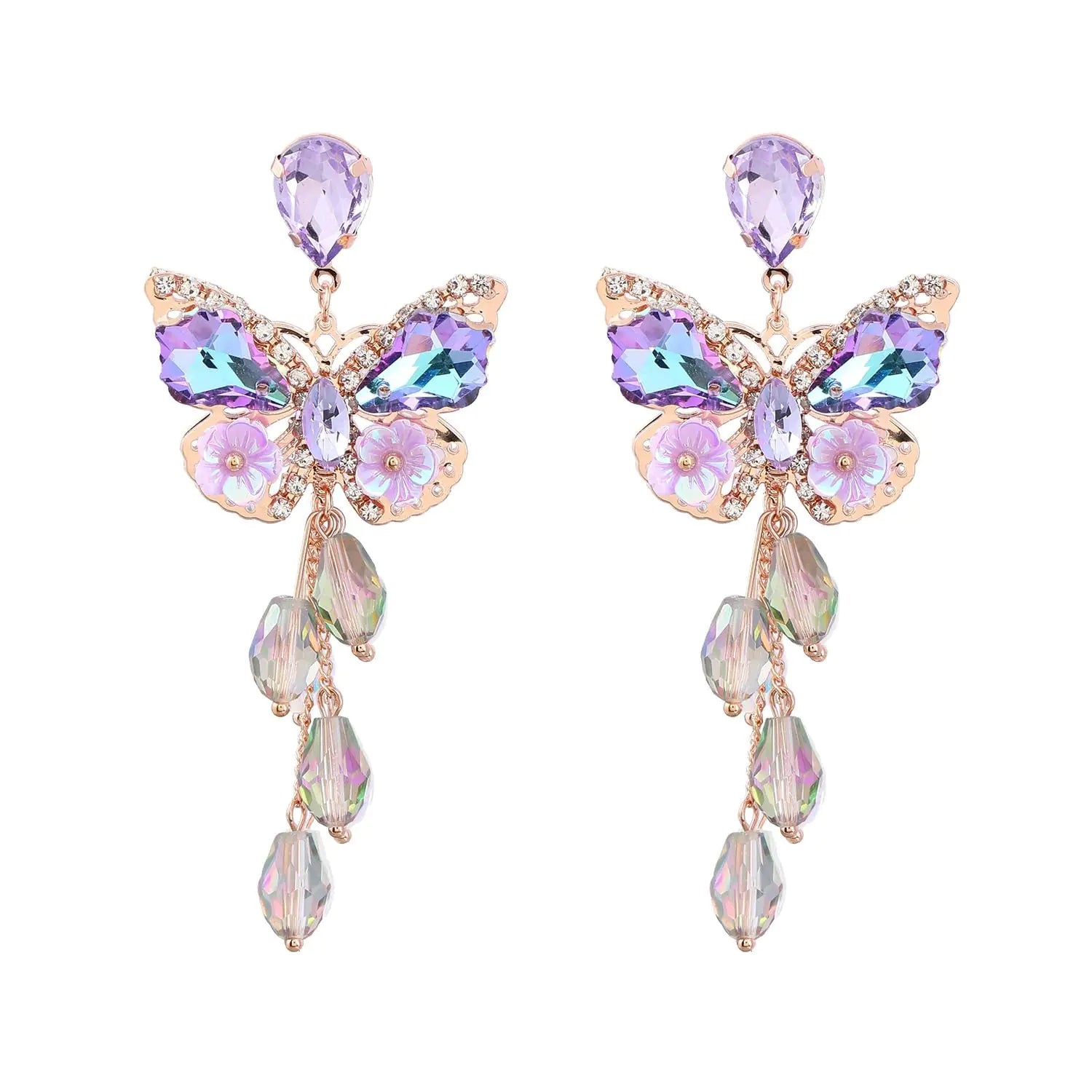 Purple Butterfly Tassel Style Zircon Earrings for Women Crystal Rhinestone Drop Earrings Long Butterfly Dangle Earrings Wedding Jewelry for Women