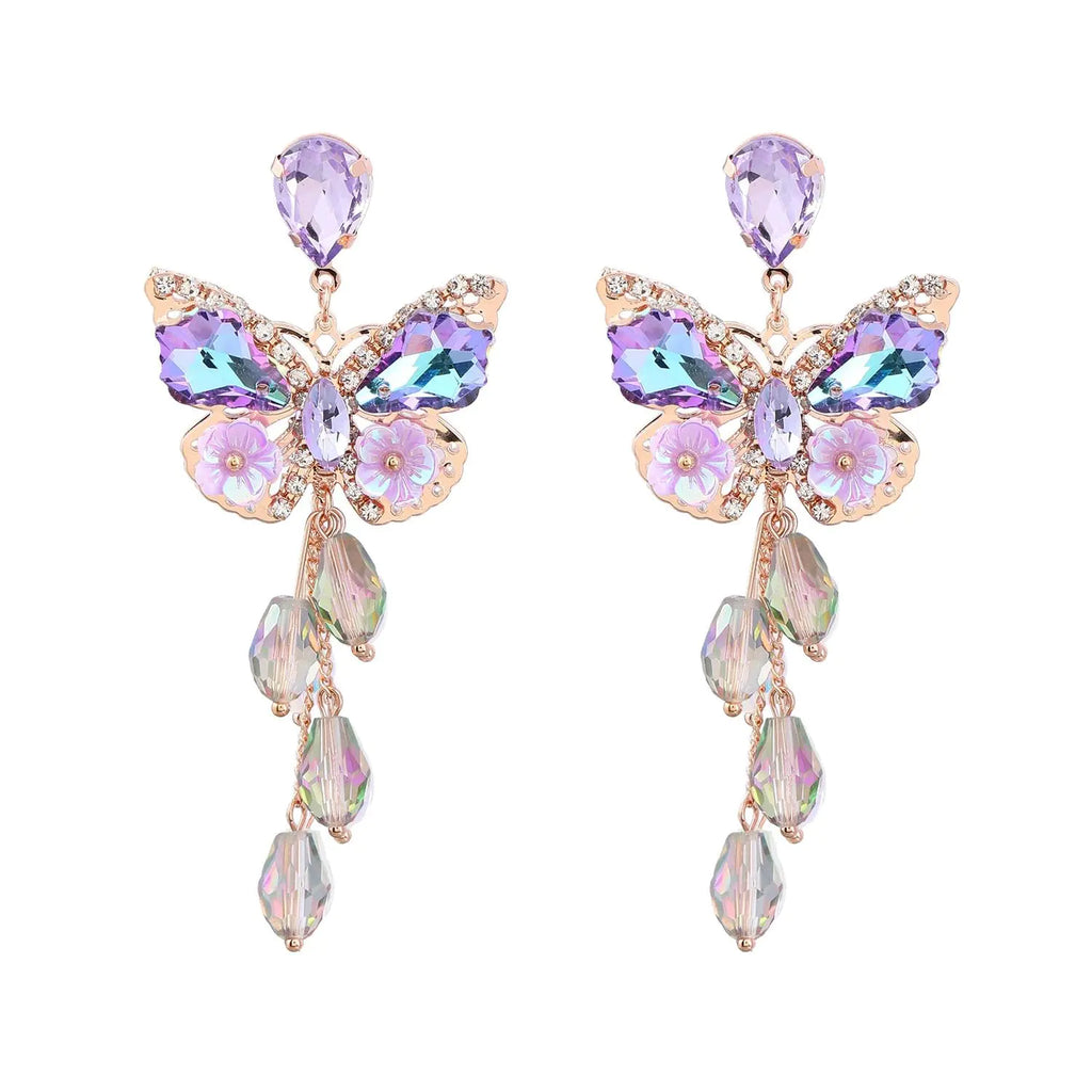 Purple Butterfly Tassel Style Zircon Earrings for Women Crystal Rhinestone Drop Earrings Long Butterfly Dangle Earrings Wedding Jewelry for Women
