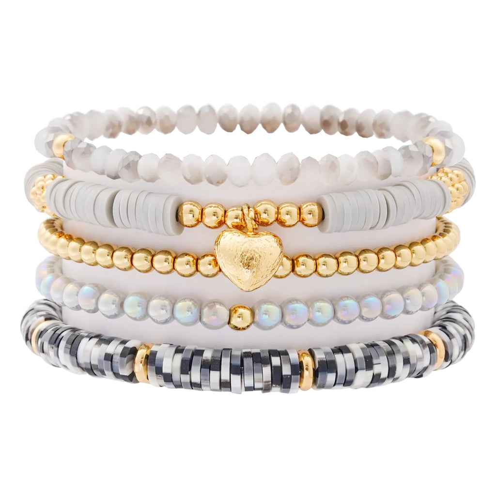 RISHEGAE Heishi Beaded Stretch Bracelets for Women Stackable Gold Polymer Clay Beads Bracelets Friendship Boho Summer Beach Bracelets Jewelry Set (E-Gray Heart)