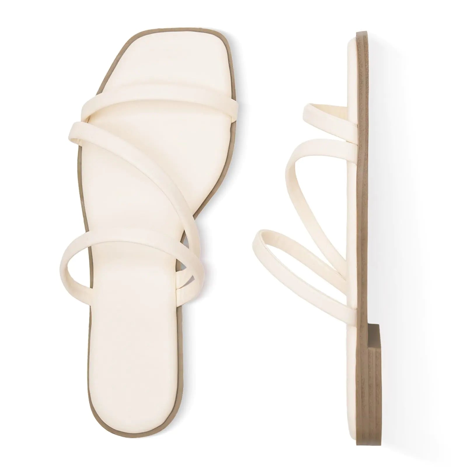 LACUONE Strappy Flat Sandals For Women Slip On Square Open Toe Slides Sandals(7Beige)