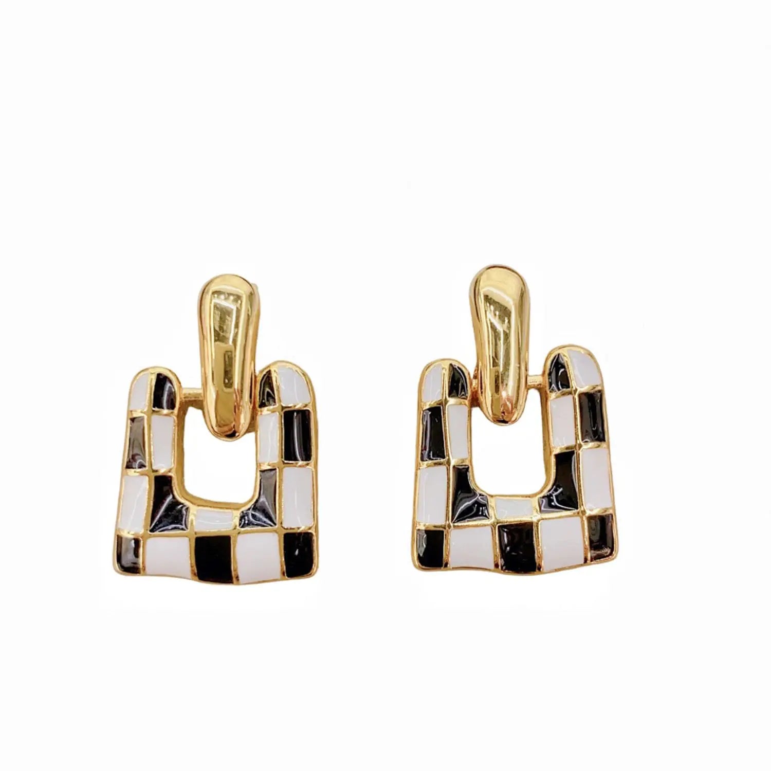 Checkered Earrings for Women Black and White Checkered Dangle Earrings Geometric Square U-shaped Checkered Earrings Vintage Dainty Birthday Jewelry for Women (A)