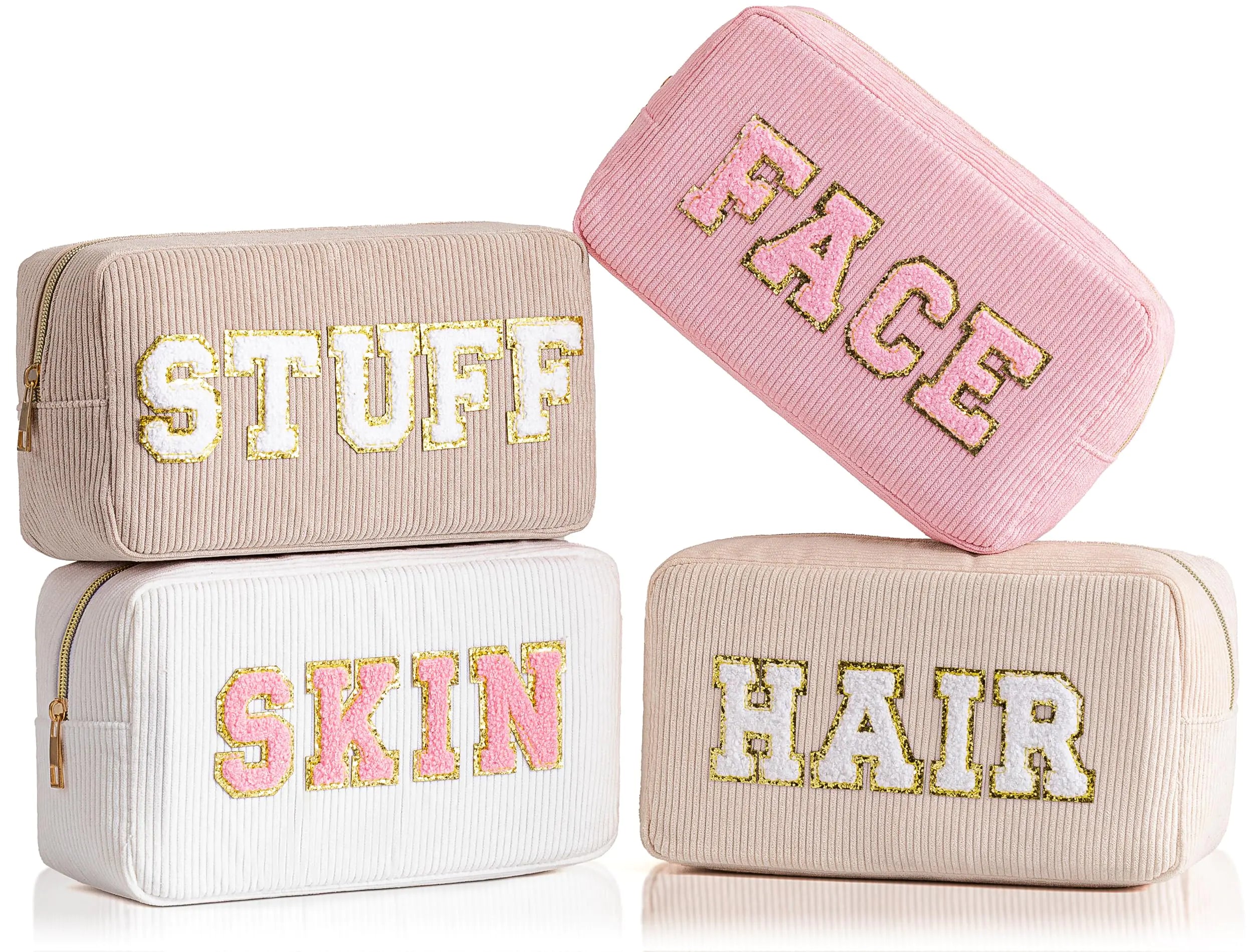 HBselect 4 Pcs Preppy Makeup Bags Chenille Letter Patch Makeup Bag Face Skin Hair Stuff Travel Bags for Women Corduroy Cosmetic Bag Organizer Make up Bag for Women Girls